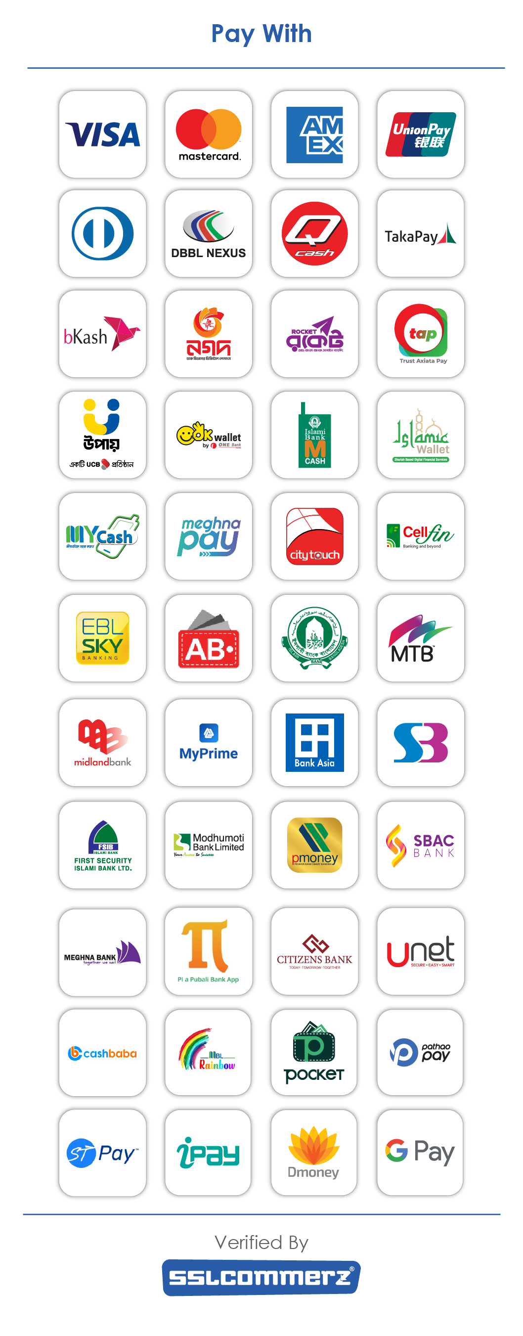 Payment channels verified by SSLCOMMERZ